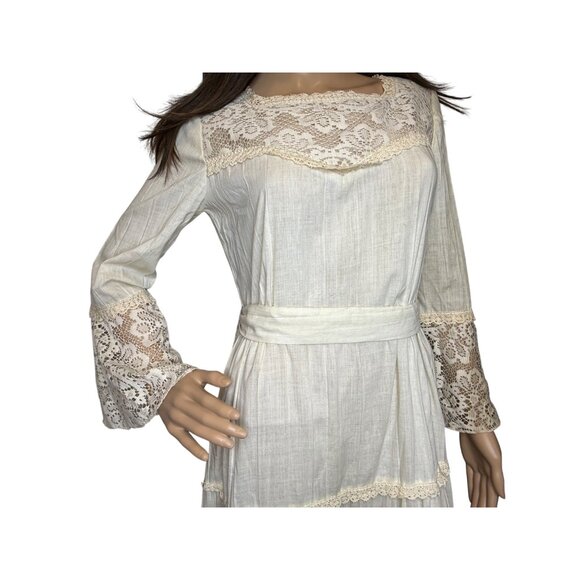 Vintage 70s Ivory Boho Praire Cottagecore Tiered Maxi Dress Crochet Bell Sleeves - Picture 2 of 16